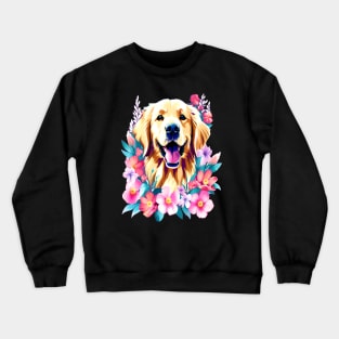 Cute Golden Retriever Surrounded by Beautiful Flowers Crewneck Sweatshirt